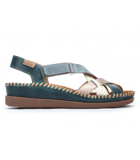 Sandalia piel mujer Pikolinos azul blanco metalizado cosido hilo velcro