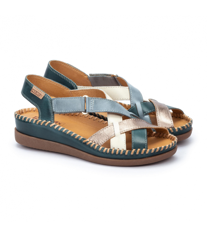 Sandalia piel mujer Pikolinos azul blanco metalizado cosido hilo velcro