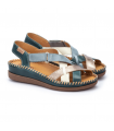 Sandalia piel mujer Pikolinos azul blanco metalizado cosido hilo velcro
