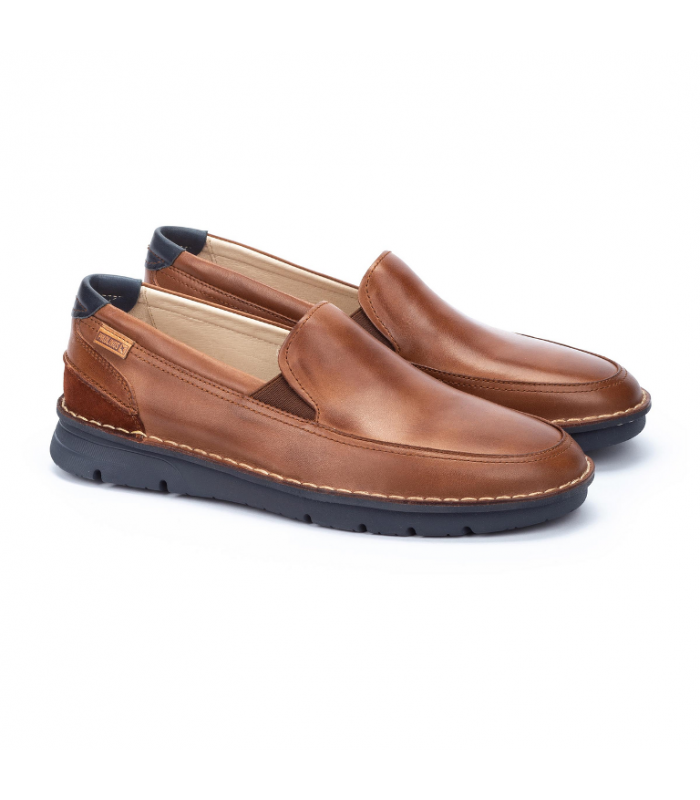 Mocasín elásticos laterales, piel cuero y azul