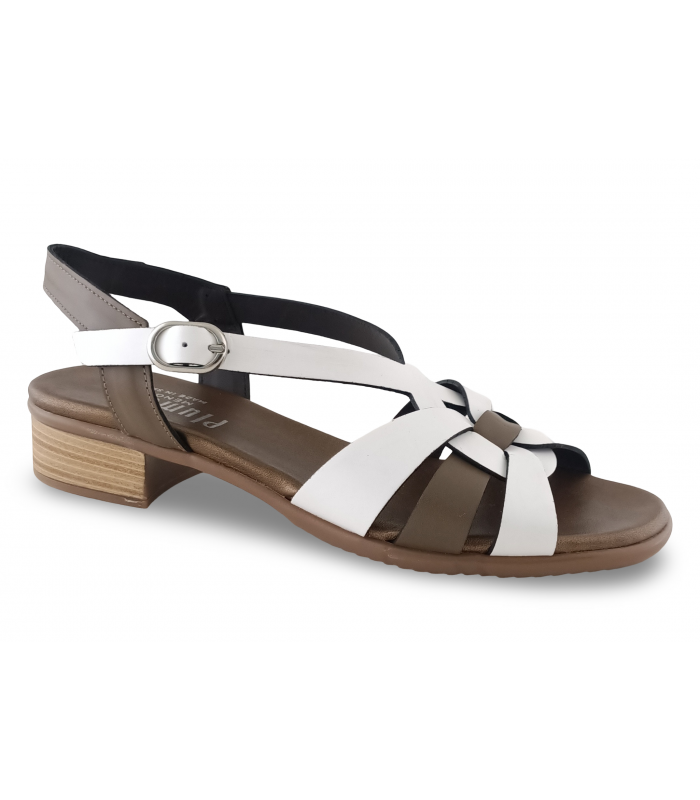 Sandalia de tiras cruzadas en blanco y taupe