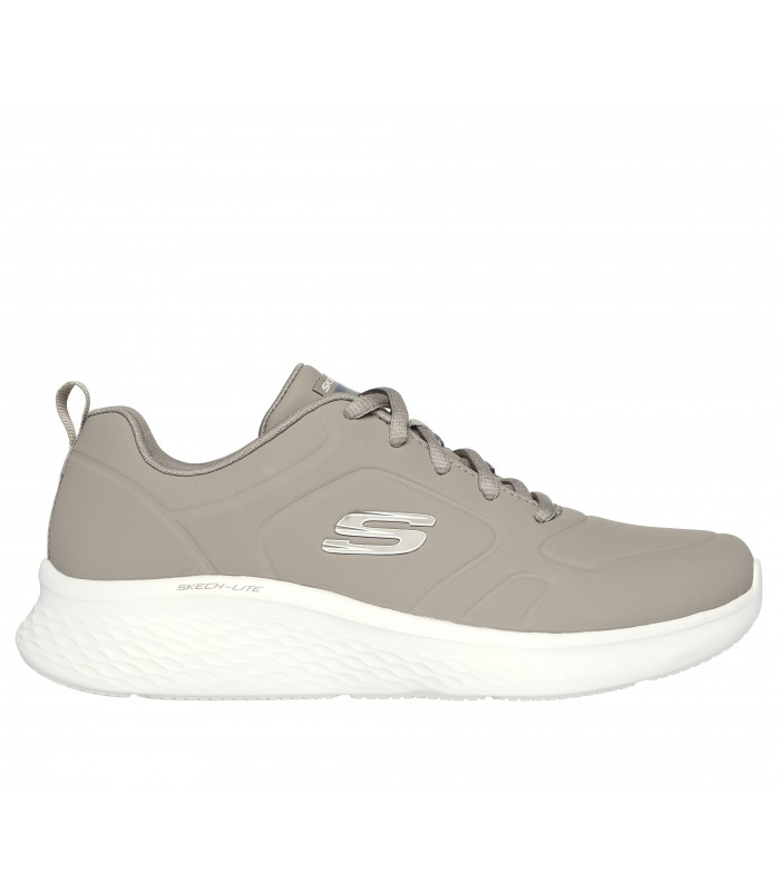 Deportivo Skechers en color taupe con cierre de cordones y suela blanca.