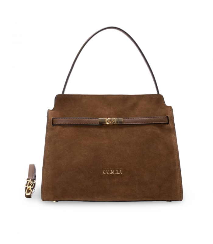 Carmela 186168. Bolso pequeño camel con asa de mano y cierre metálico decorativo