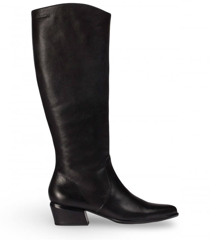 Wonders D2003. Bota negra alta en piel Isy con tacón ancho cómodo, elegante y versátil