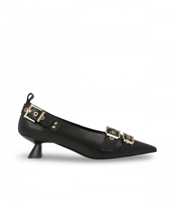 Lodi ROMULO. Zapato negro con hebillas metálicas y punta afilada de aire moderno