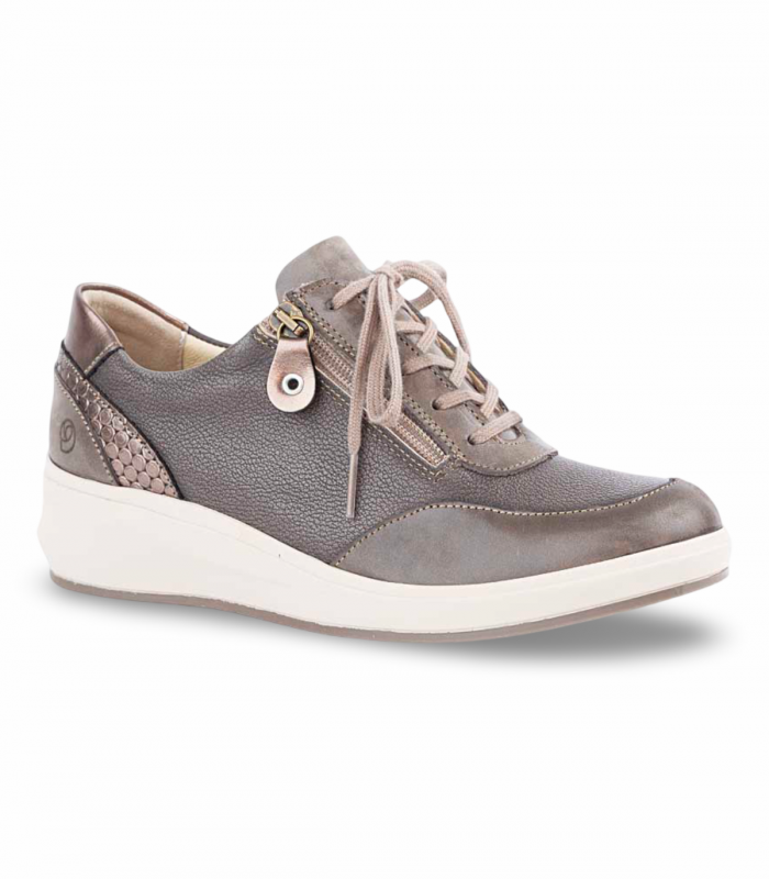 Suave 3417 plomo. Zapato urbano en tonos tierra y dorado con cuña baja, perfecto para otoño