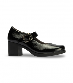 Pitillos 30100 Negro. Zapato de tacón charol con tira ancha y hebilla de estilo retro
