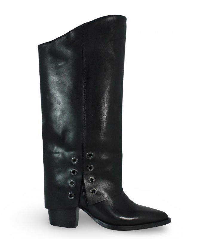 VEXED Tecla. Bota negra alta con tacón grueso, muy elegante para faldas midi o pantalones por dentro