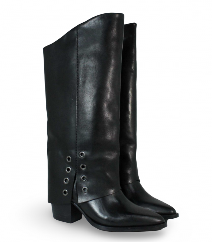 VEXED Tecla. Bota negra alta con tacón grueso, muy elegante para faldas midi o pantalones por dentro