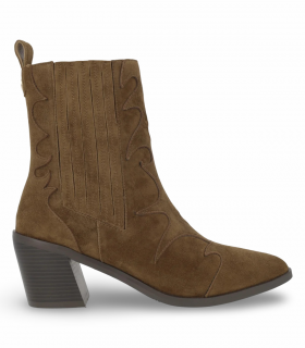 Shemerry Lima marrón. Bota cowboy de ante marrón con costuras decorativas y tacón ancho