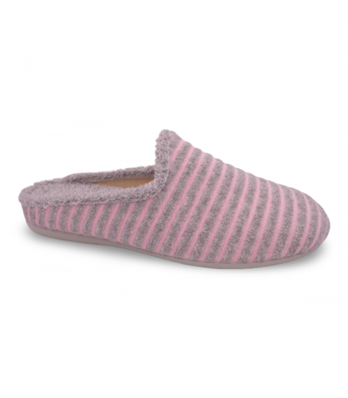 zapatilla tipo chinela de rayas en color gris y rosa