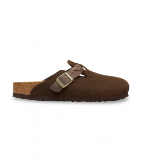 Zueco en piel velour marrón Birkenstock Boston Braided, cómodo y premium
