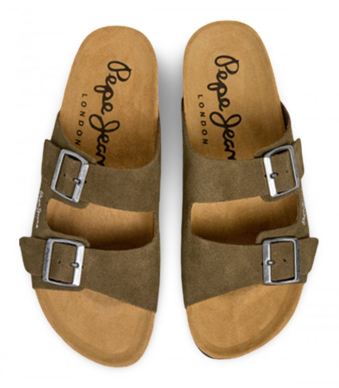Sandalia bio en serraje kaki Pepe Jeans Bio Suede, cómoda para verano