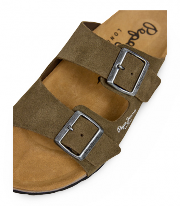 Sandalia bio en serraje kaki Pepe Jeans Bio Suede, cómoda para verano