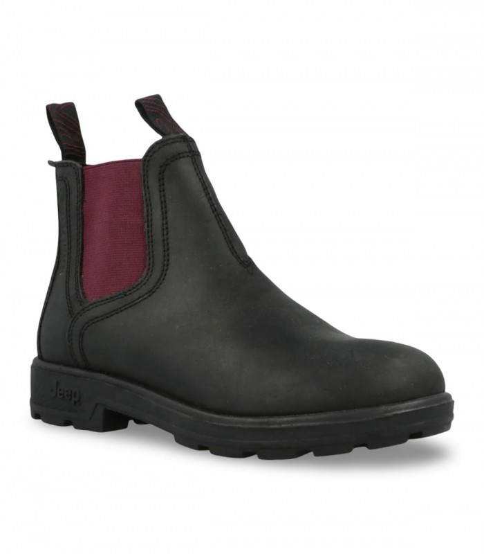 Botín Chelsea Jeep JL62511A en piel negra engrasada con elásticos burdeos