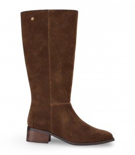 Bota alta TOP3 SS1954 en piel velour moka con tacón bajo efecto madera