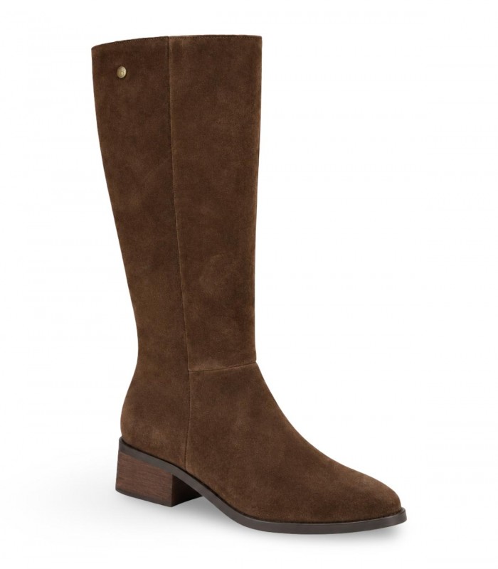 Bota alta TOP3 SS1954 en piel velour moka con tacón bajo efecto madera