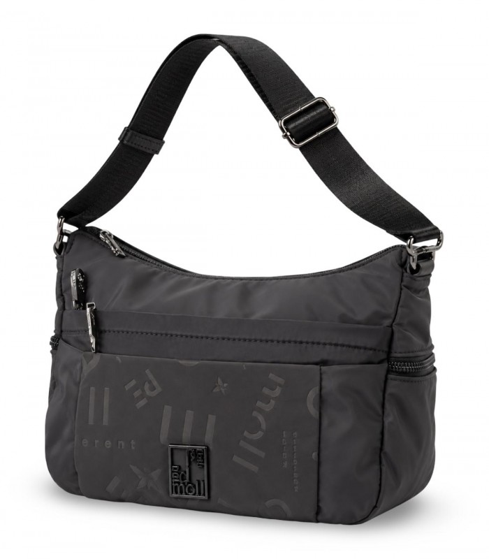 Bandolera Pepe Moll 262262 negra con detalles grabados y bolsillos de cremallera
